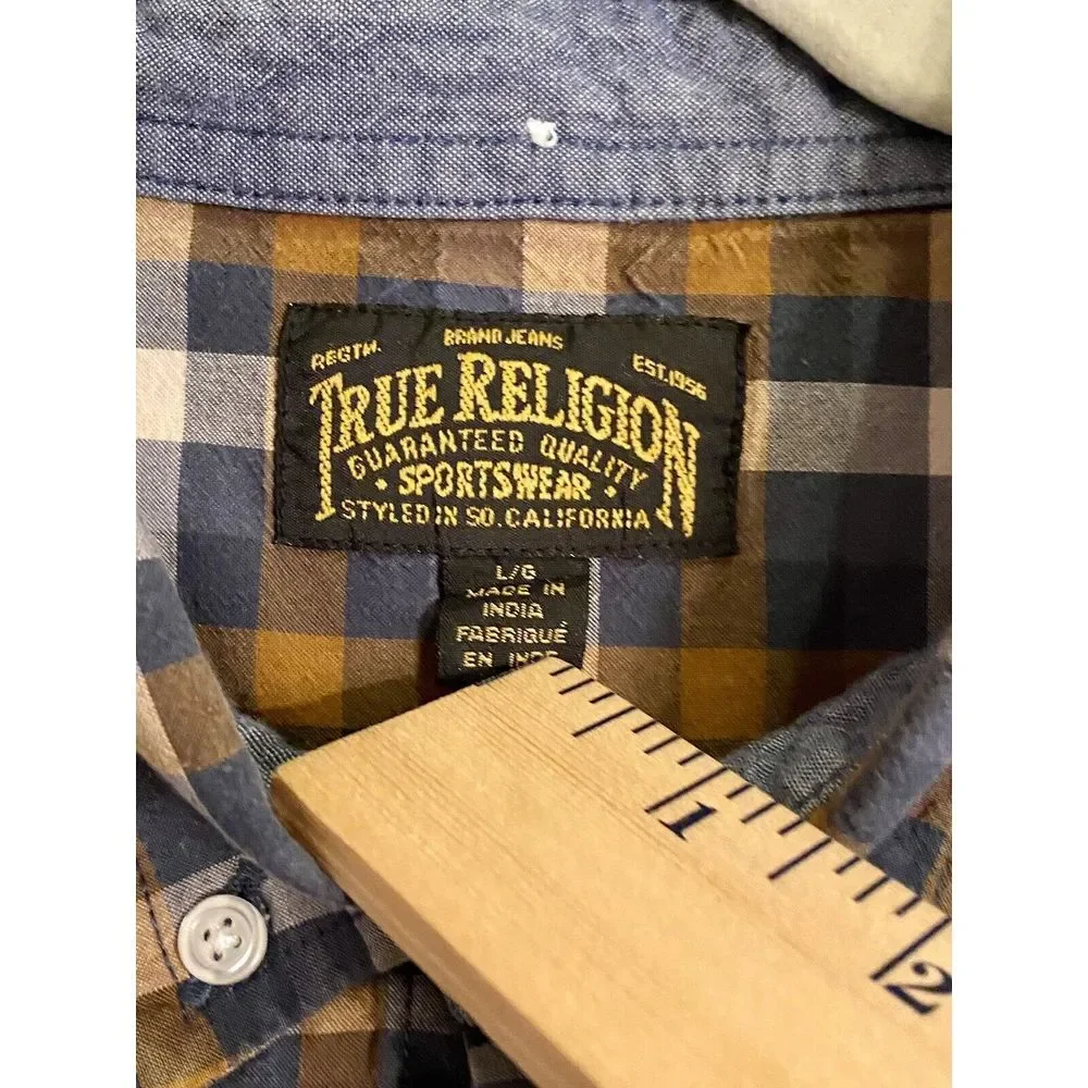True Religion Men's Button Down Shirt Sz L Long Sleeve Blue Brown‎ Checkered